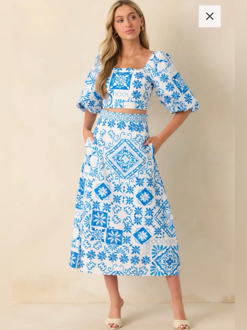 PROSPERINA HEMINGWAY BLUE TILE PRINT COTTON MIDI SKIRT Size S
